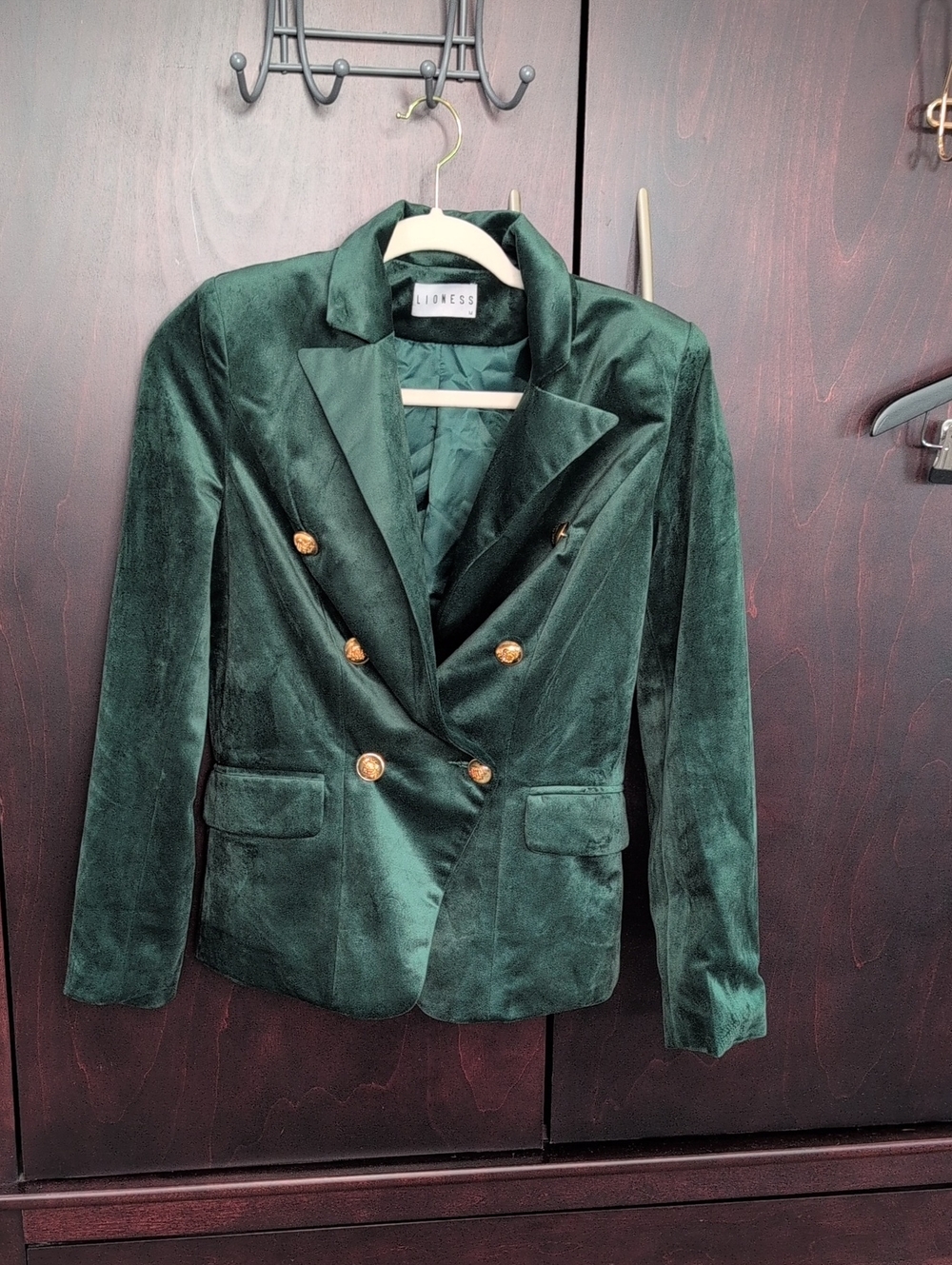 Lioness Double-Breasted Velvet Blazer in Deep Green with Gold Buttons Xs/S